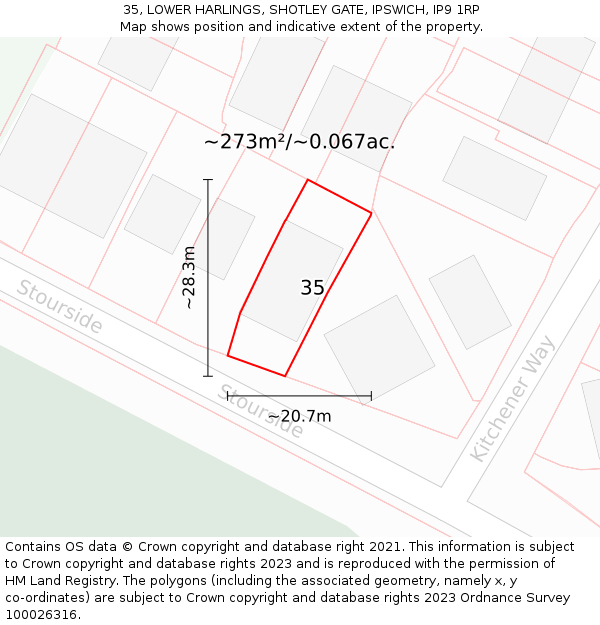 35, LOWER HARLINGS, SHOTLEY GATE, IPSWICH, IP9 1RP: Plot and title map