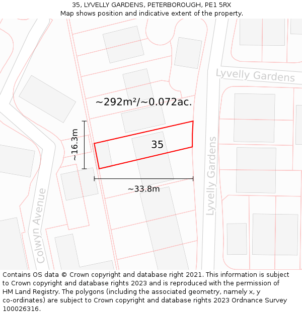 35, LYVELLY GARDENS, PETERBOROUGH, PE1 5RX: Plot and title map