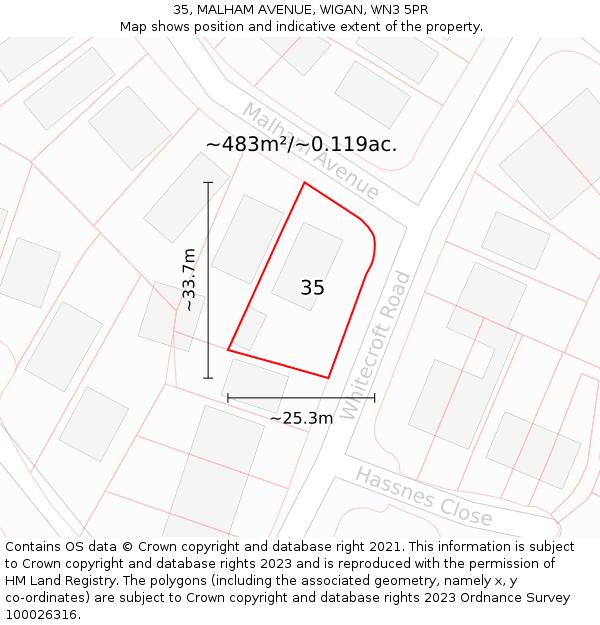 35, MALHAM AVENUE, WIGAN, WN3 5PR: Plot and title map