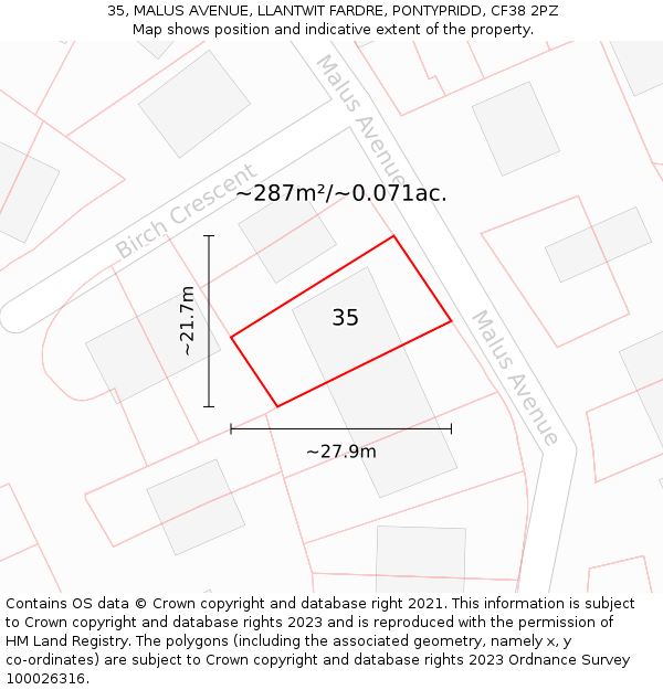 35, MALUS AVENUE, LLANTWIT FARDRE, PONTYPRIDD, CF38 2PZ: Plot and title map