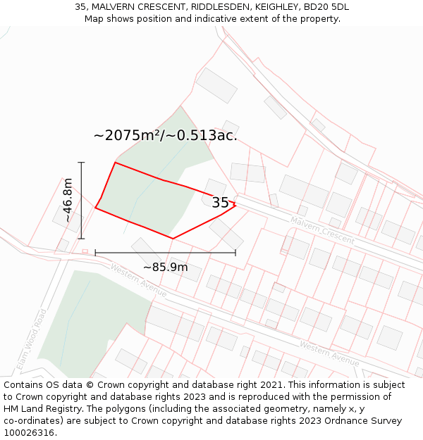 35, MALVERN CRESCENT, RIDDLESDEN, KEIGHLEY, BD20 5DL: Plot and title map