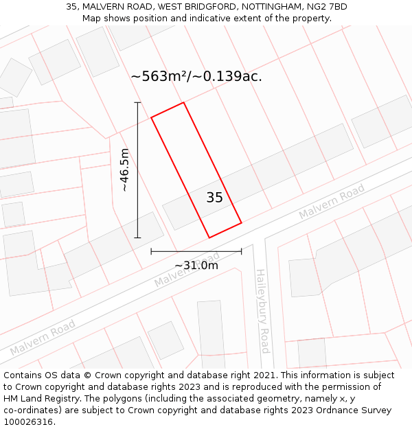 35, MALVERN ROAD, WEST BRIDGFORD, NOTTINGHAM, NG2 7BD: Plot and title map