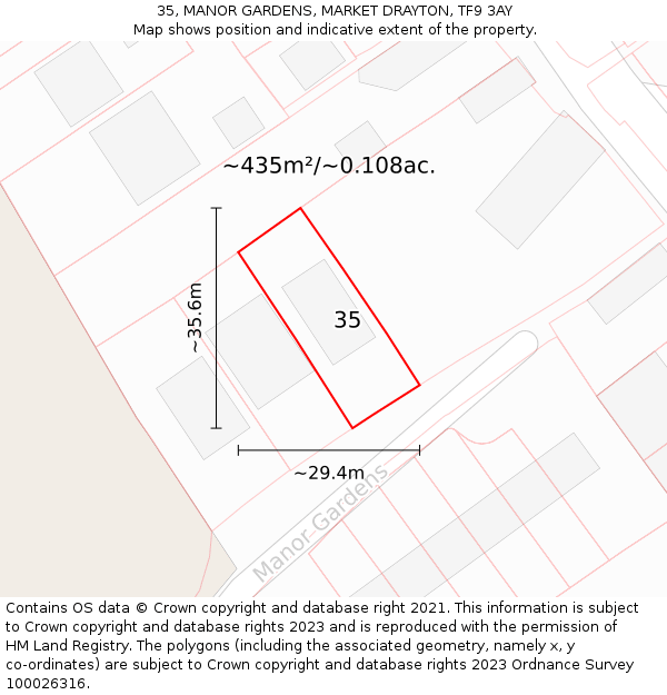 35, MANOR GARDENS, MARKET DRAYTON, TF9 3AY: Plot and title map