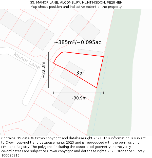 35, MANOR LANE, ALCONBURY, HUNTINGDON, PE28 4EH: Plot and title map