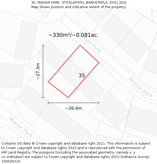 35, MANOR PARK, STICKLEPATH, BARNSTAPLE, EX31 2DQ: Plot and title map