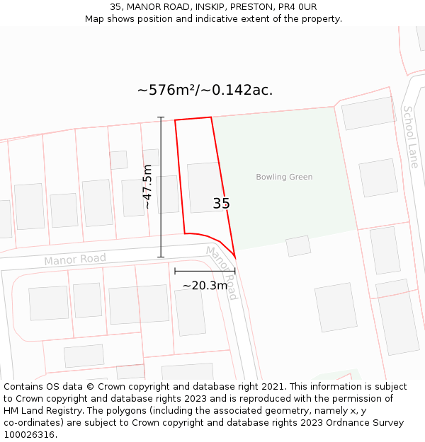 35, MANOR ROAD, INSKIP, PRESTON, PR4 0UR: Plot and title map