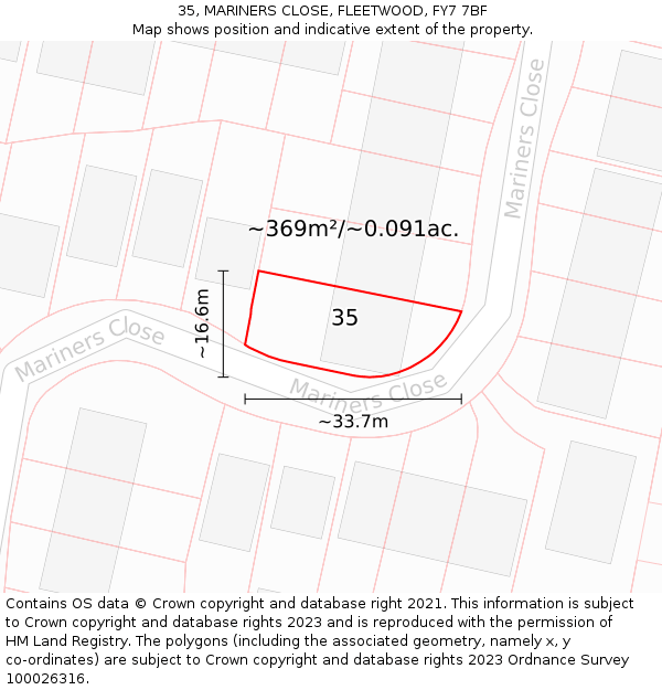 35, MARINERS CLOSE, FLEETWOOD, FY7 7BF: Plot and title map