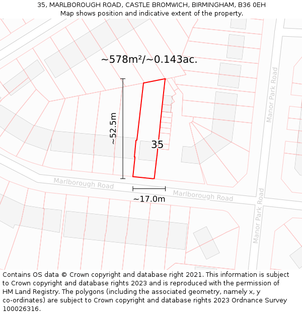 35, MARLBOROUGH ROAD, CASTLE BROMWICH, BIRMINGHAM, B36 0EH: Plot and title map