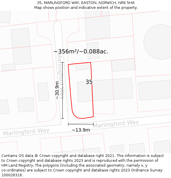 35, MARLINGFORD WAY, EASTON, NORWICH, NR9 5HA: Plot and title map