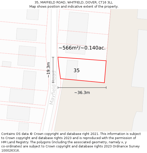 35, MAYFIELD ROAD, WHITFIELD, DOVER, CT16 3LL: Plot and title map