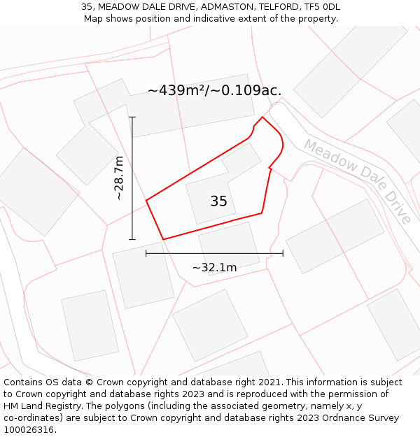 35, MEADOW DALE DRIVE, ADMASTON, TELFORD, TF5 0DL: Plot and title map