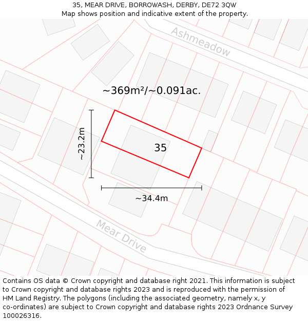 35, MEAR DRIVE, BORROWASH, DERBY, DE72 3QW: Plot and title map