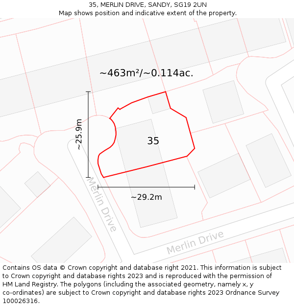 35, MERLIN DRIVE, SANDY, SG19 2UN: Plot and title map