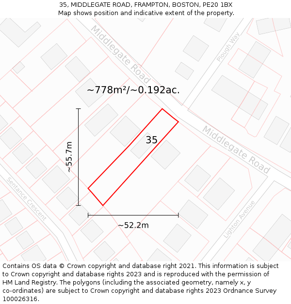 35, MIDDLEGATE ROAD, FRAMPTON, BOSTON, PE20 1BX: Plot and title map