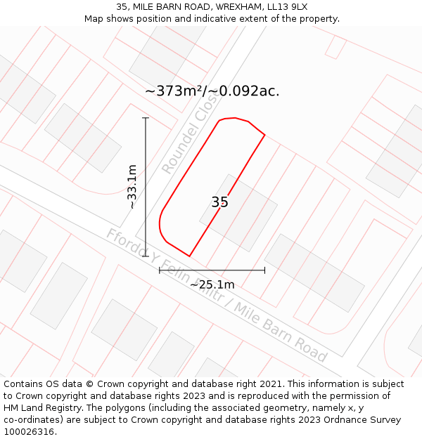 35, MILE BARN ROAD, WREXHAM, LL13 9LX: Plot and title map