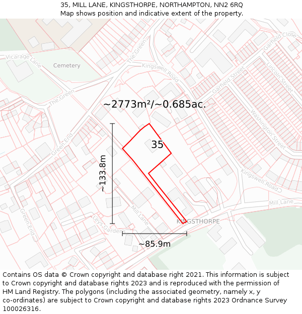 35, MILL LANE, KINGSTHORPE, NORTHAMPTON, NN2 6RQ: Plot and title map