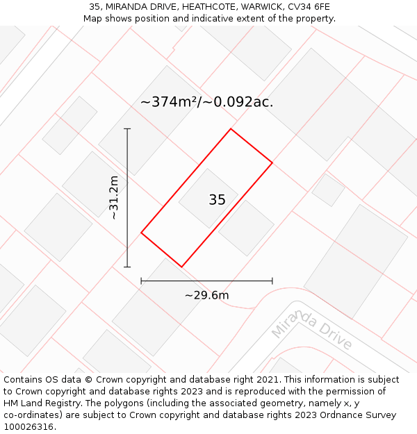 35, MIRANDA DRIVE, HEATHCOTE, WARWICK, CV34 6FE: Plot and title map