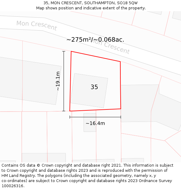 35, MON CRESCENT, SOUTHAMPTON, SO18 5QW: Plot and title map