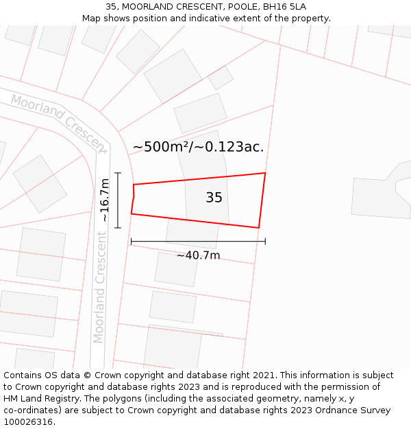 35, MOORLAND CRESCENT, POOLE, BH16 5LA: Plot and title map