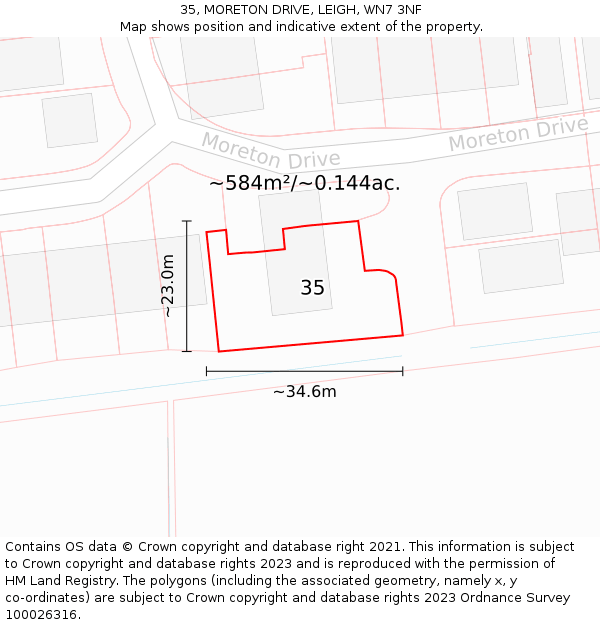 35, MORETON DRIVE, LEIGH, WN7 3NF: Plot and title map