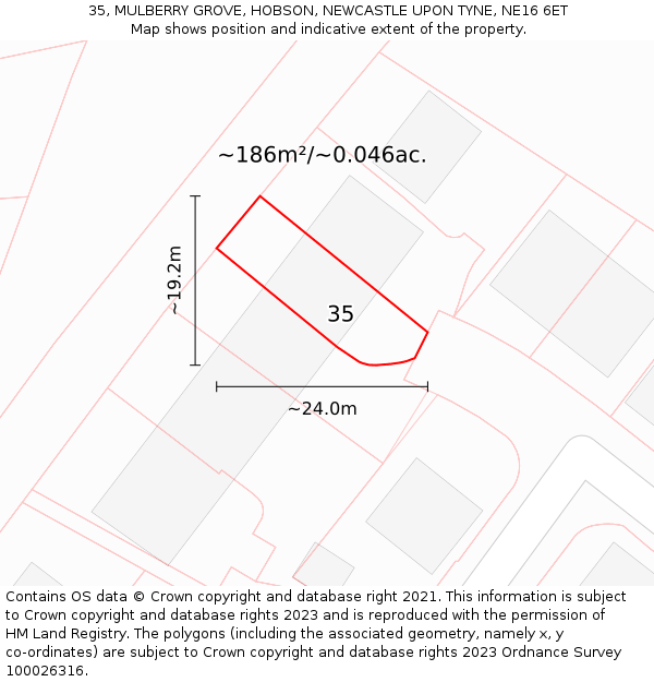 35, MULBERRY GROVE, HOBSON, NEWCASTLE UPON TYNE, NE16 6ET: Plot and title map