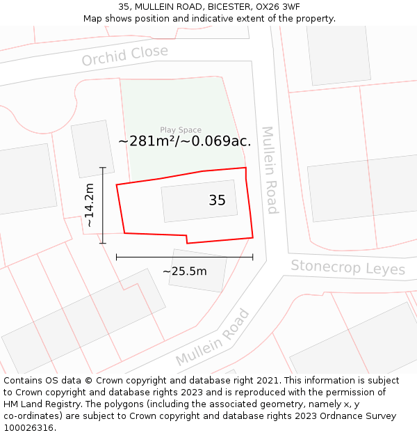 35, MULLEIN ROAD, BICESTER, OX26 3WF: Plot and title map