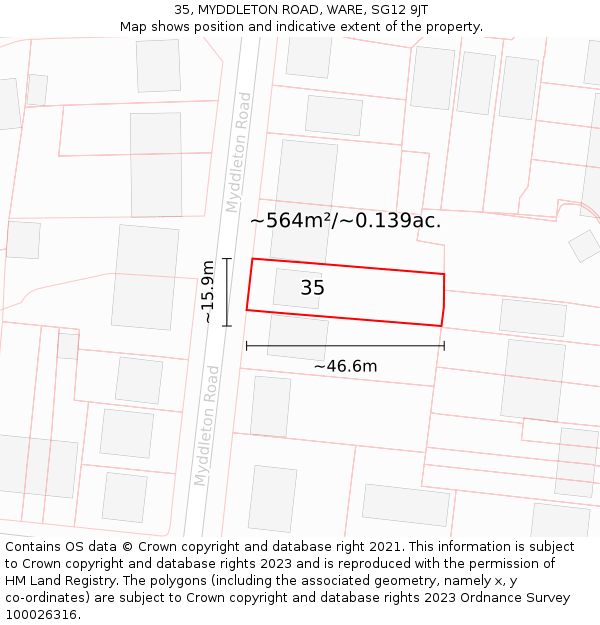 35, MYDDLETON ROAD, WARE, SG12 9JT: Plot and title map