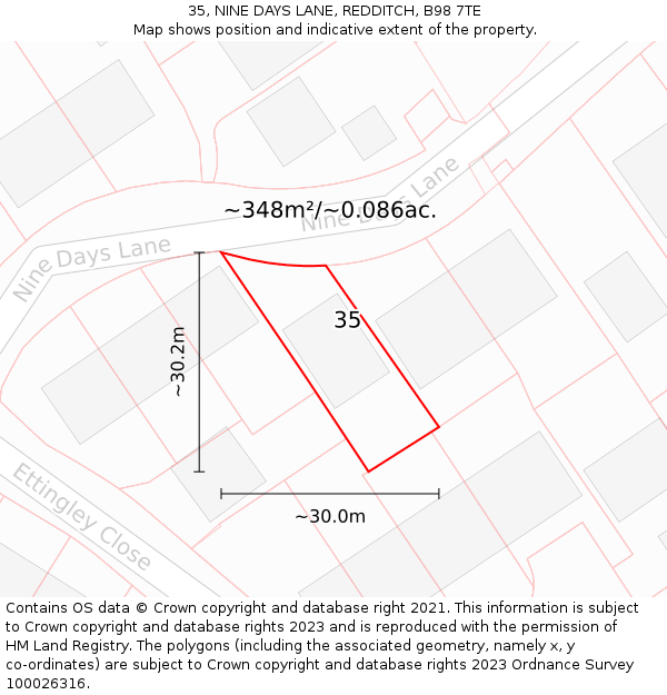 35, NINE DAYS LANE, REDDITCH, B98 7TE: Plot and title map