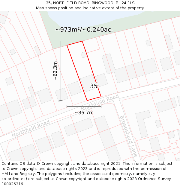 35, NORTHFIELD ROAD, RINGWOOD, BH24 1LS: Plot and title map