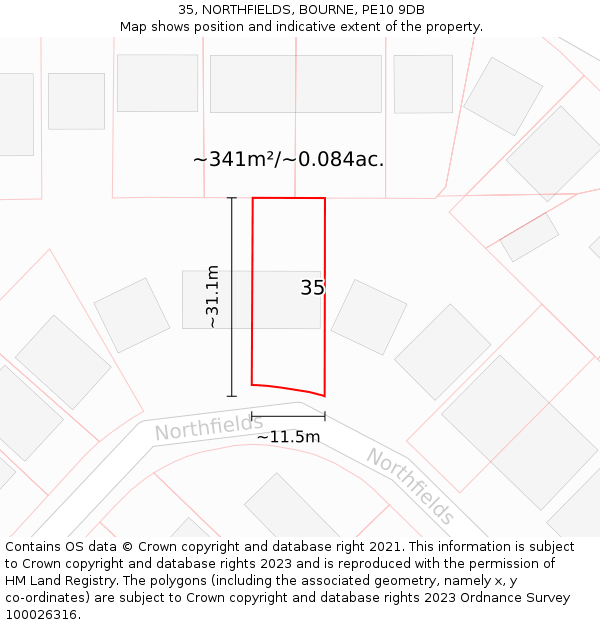 35, NORTHFIELDS, BOURNE, PE10 9DB: Plot and title map