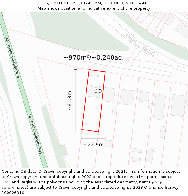 35, OAKLEY ROAD, CLAPHAM, BEDFORD, MK41 6AN: Plot and title map