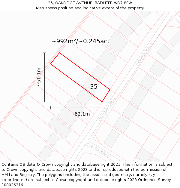 35, OAKRIDGE AVENUE, RADLETT, WD7 8EW: Plot and title map