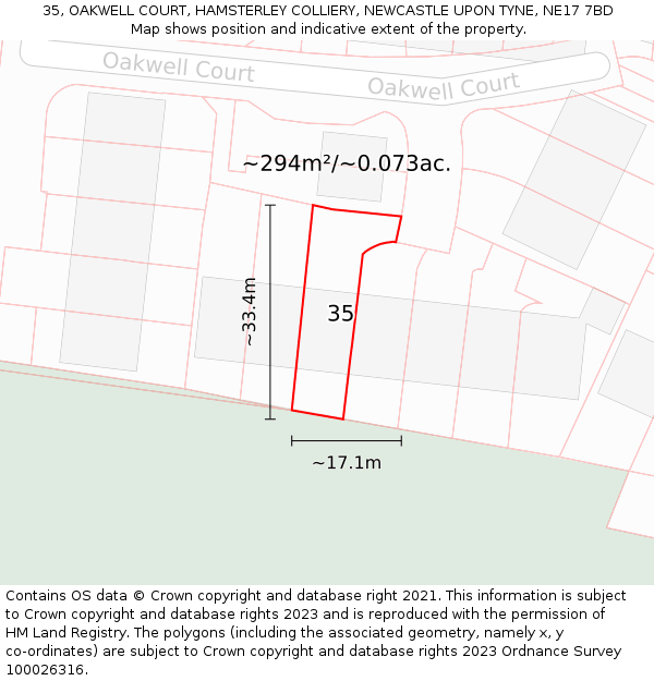 35, OAKWELL COURT, HAMSTERLEY COLLIERY, NEWCASTLE UPON TYNE, NE17 7BD: Plot and title map