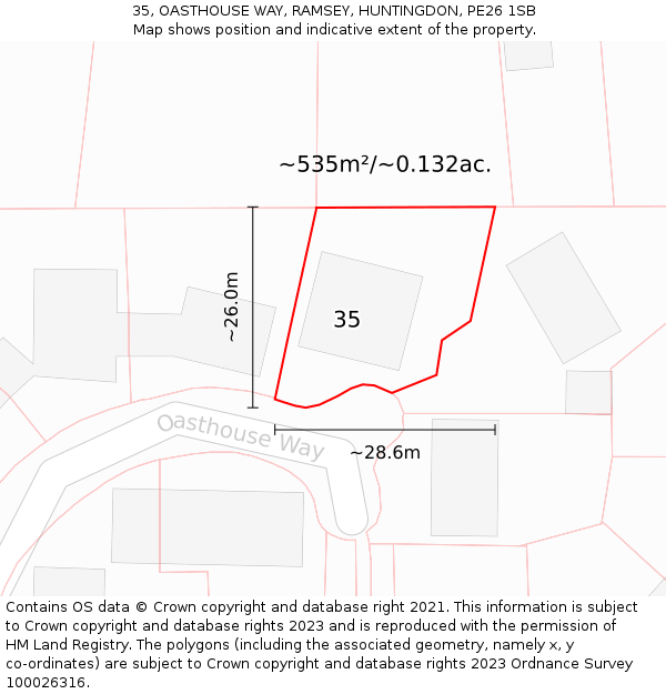 35, OASTHOUSE WAY, RAMSEY, HUNTINGDON, PE26 1SB: Plot and title map