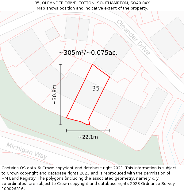 35, OLEANDER DRIVE, TOTTON, SOUTHAMPTON, SO40 8XX: Plot and title map