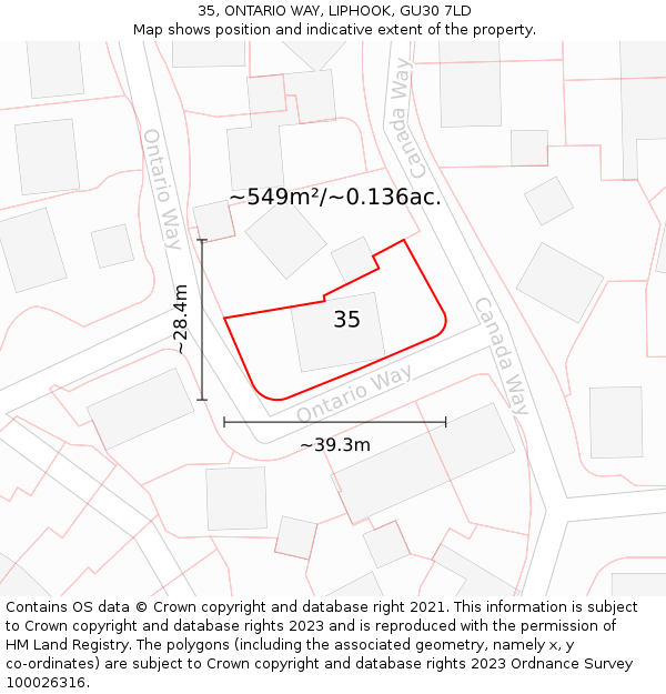 35, ONTARIO WAY, LIPHOOK, GU30 7LD: Plot and title map