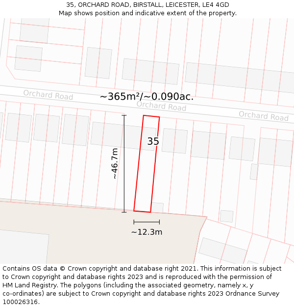 35, ORCHARD ROAD, BIRSTALL, LEICESTER, LE4 4GD: Plot and title map