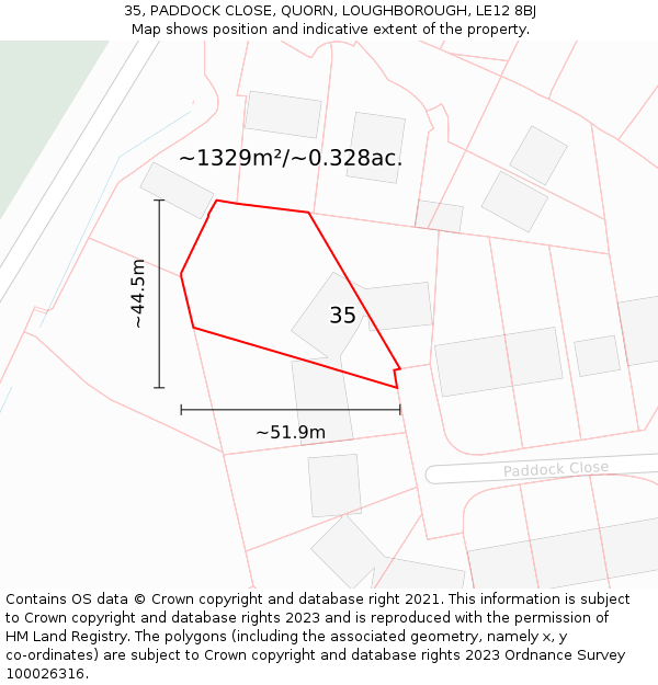 35, PADDOCK CLOSE, QUORN, LOUGHBOROUGH, LE12 8BJ: Plot and title map