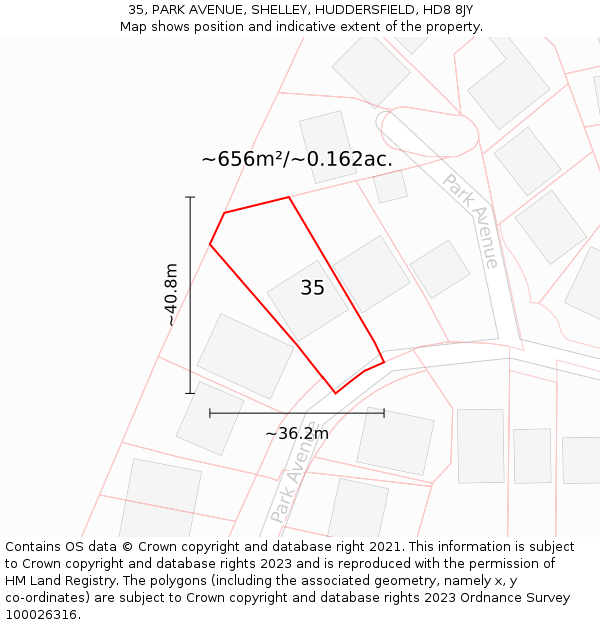 35, PARK AVENUE, SHELLEY, HUDDERSFIELD, HD8 8JY: Plot and title map