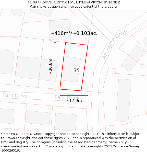 35, PARK DRIVE, RUSTINGTON, LITTLEHAMPTON, BN16 3DZ: Plot and title map