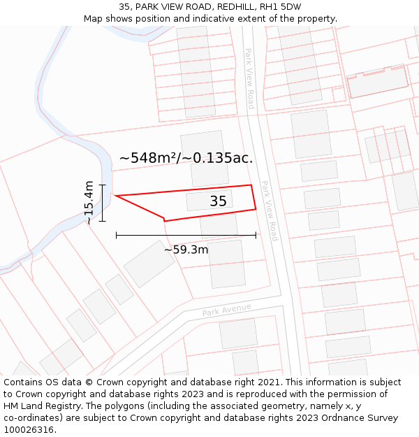 35, PARK VIEW ROAD, REDHILL, RH1 5DW: Plot and title map