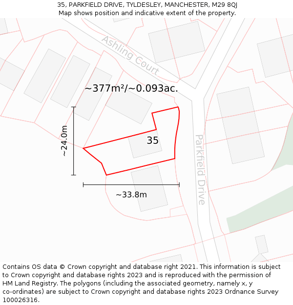 35, PARKFIELD DRIVE, TYLDESLEY, MANCHESTER, M29 8QJ: Plot and title map