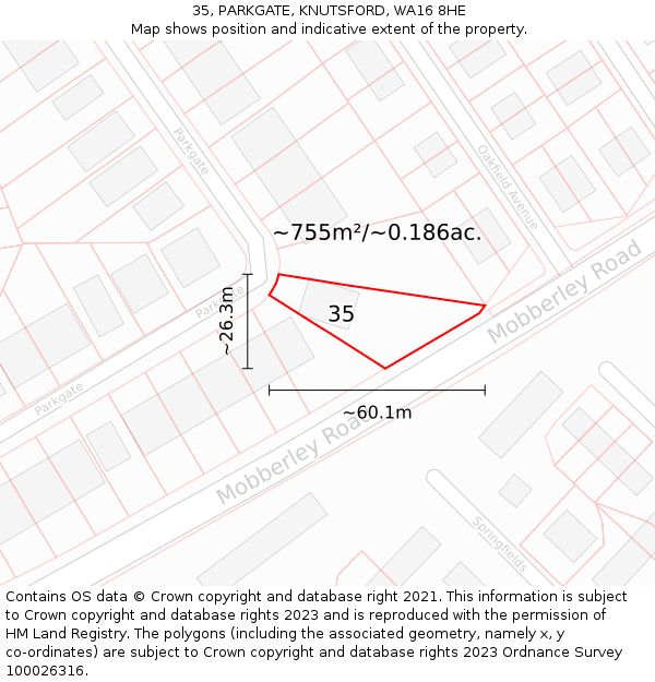 35, PARKGATE, KNUTSFORD, WA16 8HE: Plot and title map