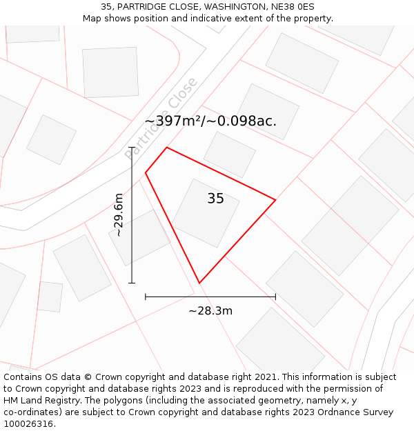 35, PARTRIDGE CLOSE, WASHINGTON, NE38 0ES: Plot and title map