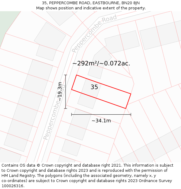 35, PEPPERCOMBE ROAD, EASTBOURNE, BN20 8JN: Plot and title map