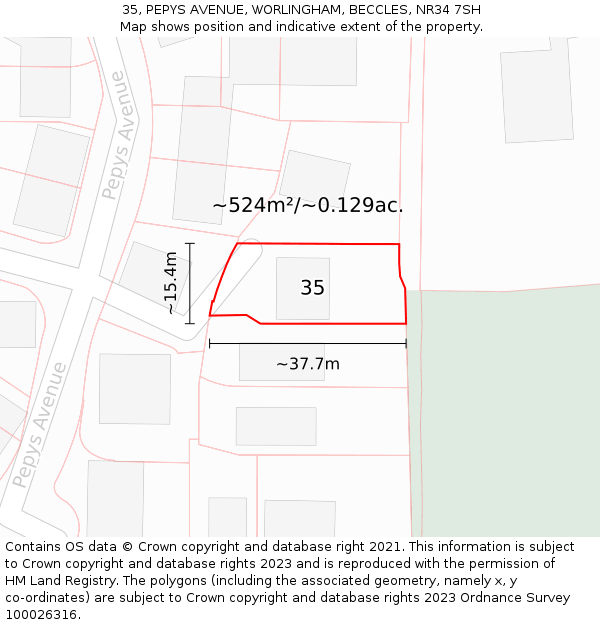 35, PEPYS AVENUE, WORLINGHAM, BECCLES, NR34 7SH: Plot and title map