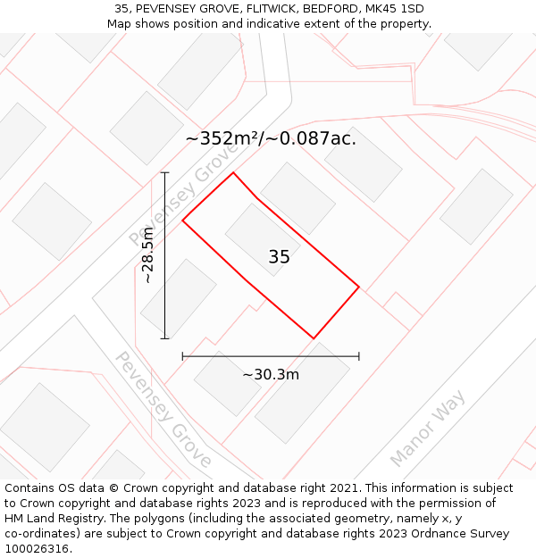 35, PEVENSEY GROVE, FLITWICK, BEDFORD, MK45 1SD: Plot and title map