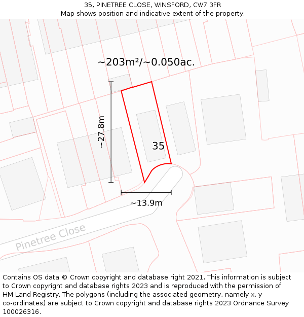 35, PINETREE CLOSE, WINSFORD, CW7 3FR: Plot and title map