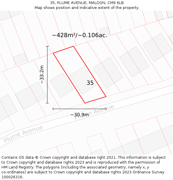 35, PLUME AVENUE, MALDON, CM9 6LB: Plot and title map