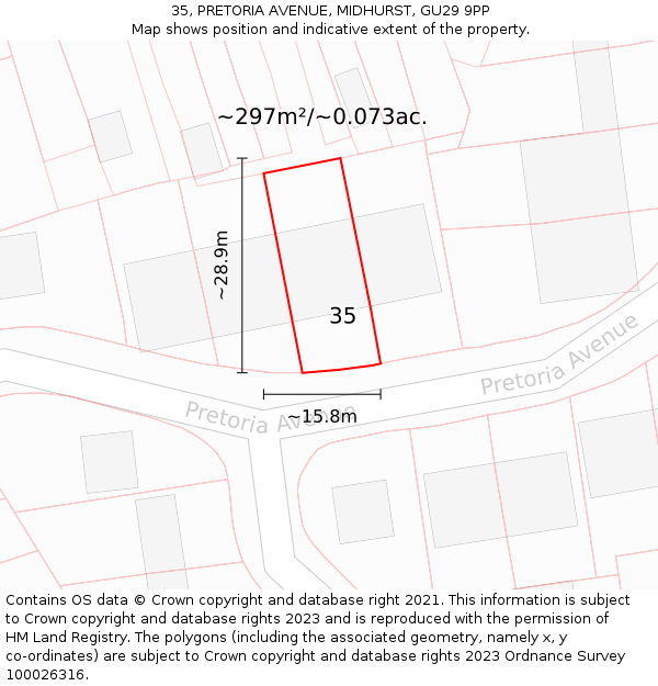 35, PRETORIA AVENUE, MIDHURST, GU29 9PP: Plot and title map